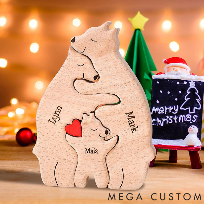 Personalized Carved Wooden Bear Family Jigsaw Puzzle, Wood Bear Figurines, Hugging Bear Family Keepsake Gift for Parents, Christmas Bear Decor