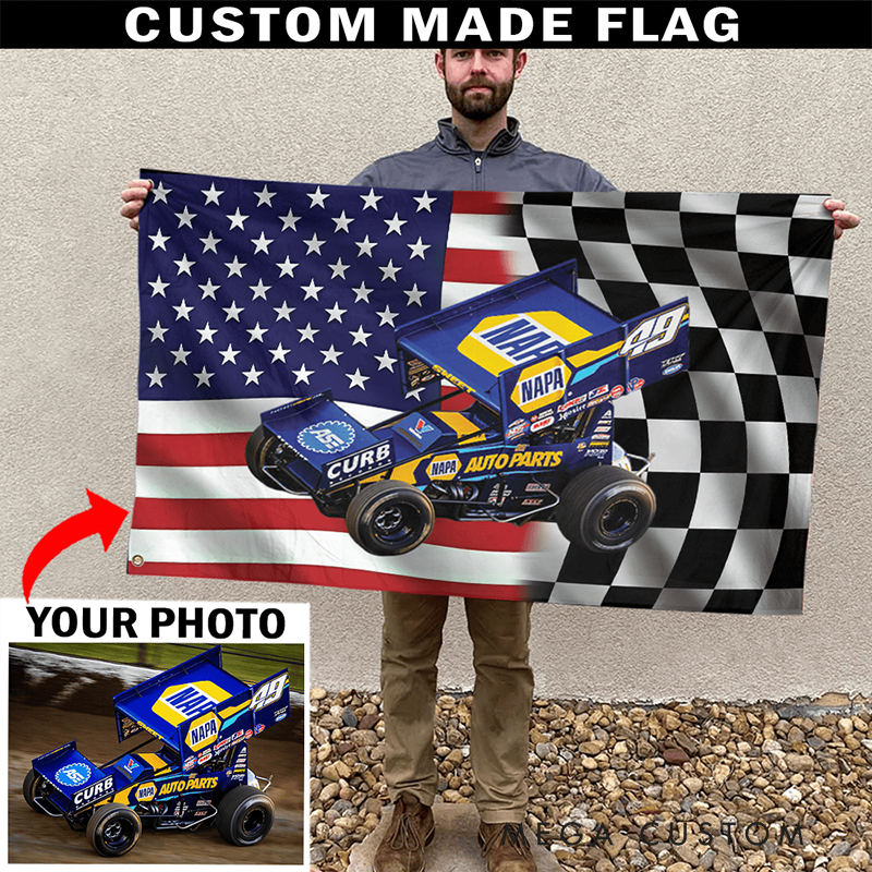 Personalized Racing Car Tapestry with Check Flag Design Custom Racing Car Photo Wall Hanging Gift for Racers and Racing Lovers