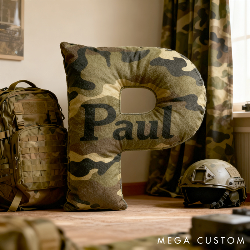 Personalized Camo Throw Pillow Initial Shaped Pillow Custom Throw Pillow with Name Military Style Pillow Gift for Men Boys Military Adventure-Themed Gifts