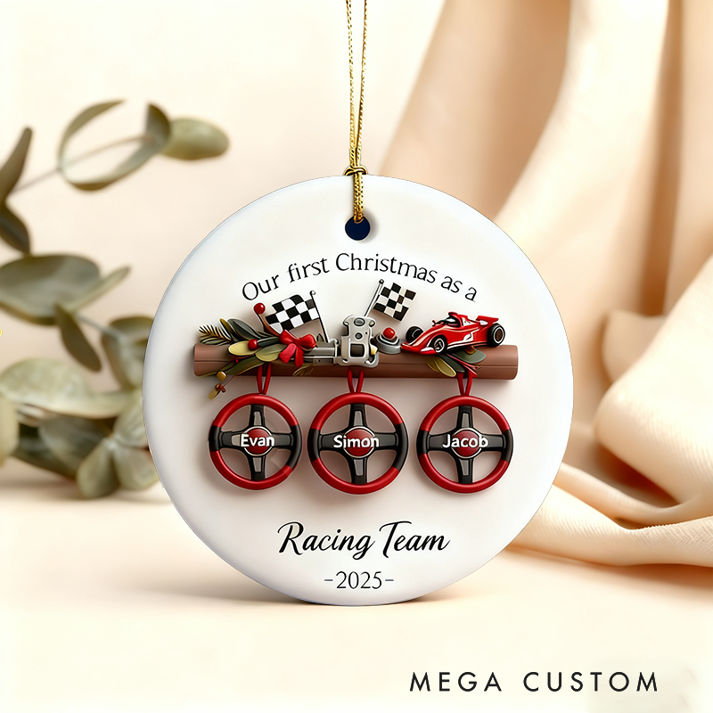 Personalized Racing Christmas Ornament Custom Name Ceramic Round Christmas Decoration Gift for Racers and Racing Lovers