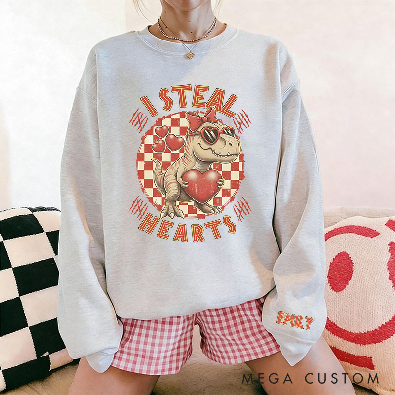 Personalized Girlfriend Wife Dinosaur I Steal Hearts Sweatshirt with Name Couple Matching Valentine's Day Sweatshirt for Her Him Anniversary Gift