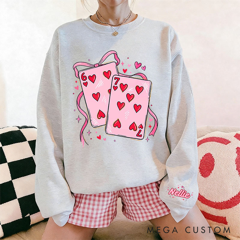 Personalized Girlfriend Wife Playing Cards Bow Tie 67 Sweatshirt with Name Couple Funny Coquette 6 7 Number Meme Matching Valentines Day Sweatshirt