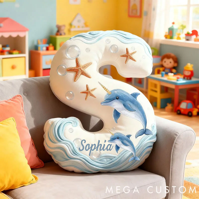 Personalized Graphic 3D Print Pillows Ocean Whale Letter Pillow, Custom Initial Pillow with name