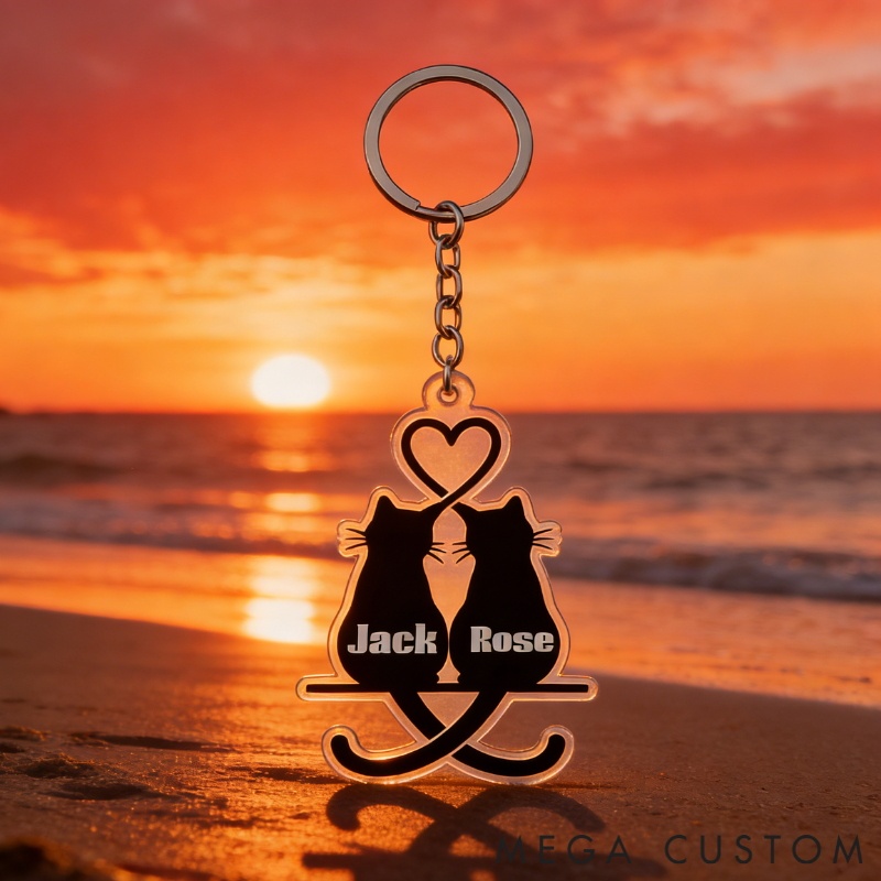 Personalized Snuggling Cats Keychain Couple Silhouette Engraved Key Ring Cute Gift for Couples Valentine's Day Present