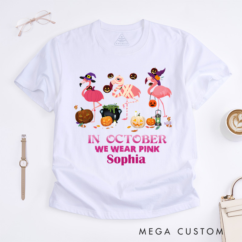 Personalized In October We Wear Pink Halloween Breast Cancer Awareness Fun T-shirt