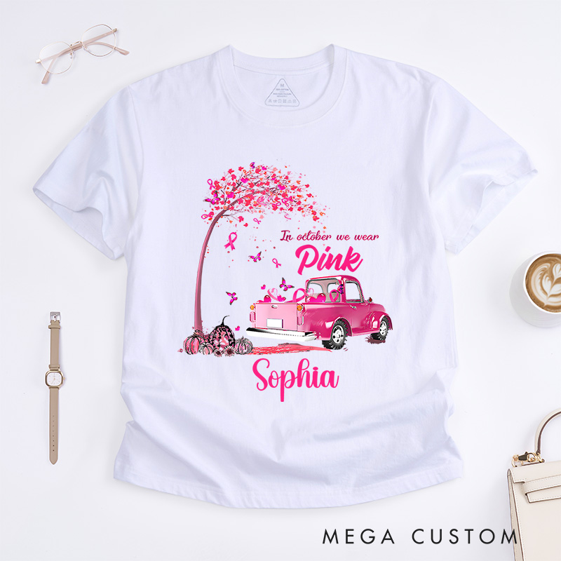 Personalized In October We Wear Pink Vintage Car Breast Cancer T-shirt