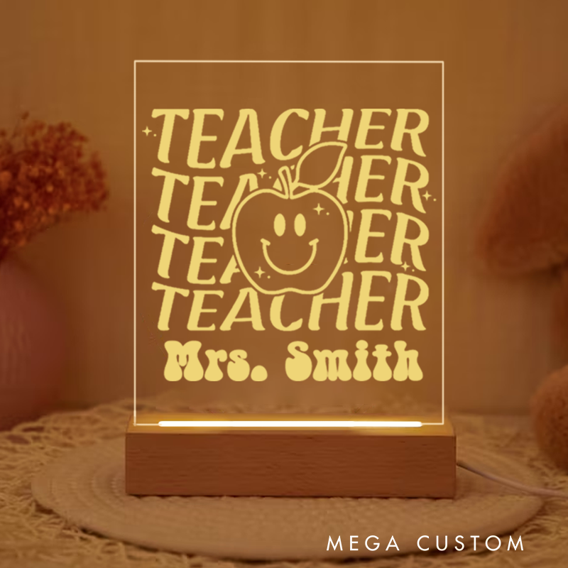 Personalized Teacher Night Light with Teacher Apple Smile Design Custom LED Gift with Laser Engraved Acrylic Design and Wooden Base