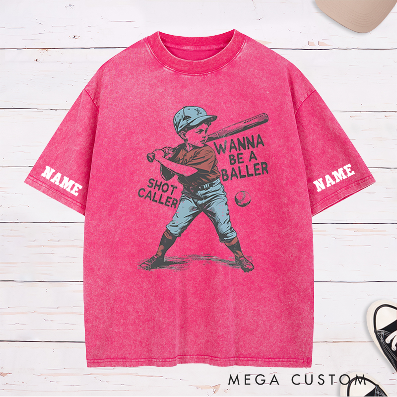 Personalized "Wanna Be a Baller" Vintage Baseball Washed T-Shirt with Custom Name and Number 