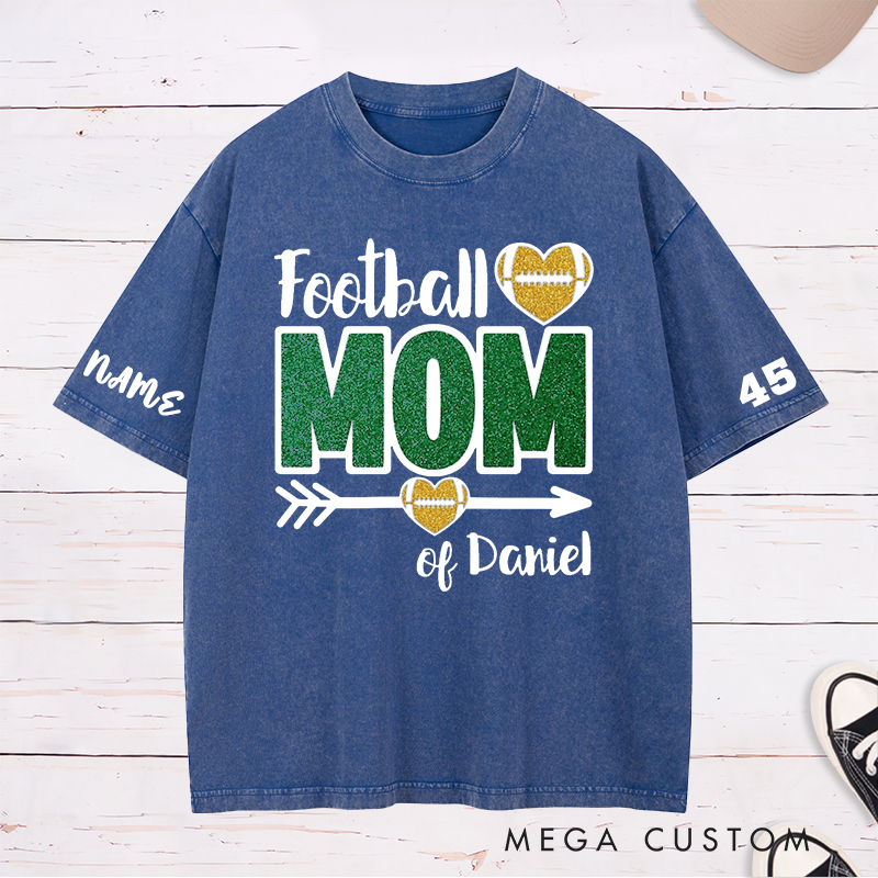 Personalized American Football Mom Washed T-Shirts Featuring Custom Team Name and Number for Game Day Fans