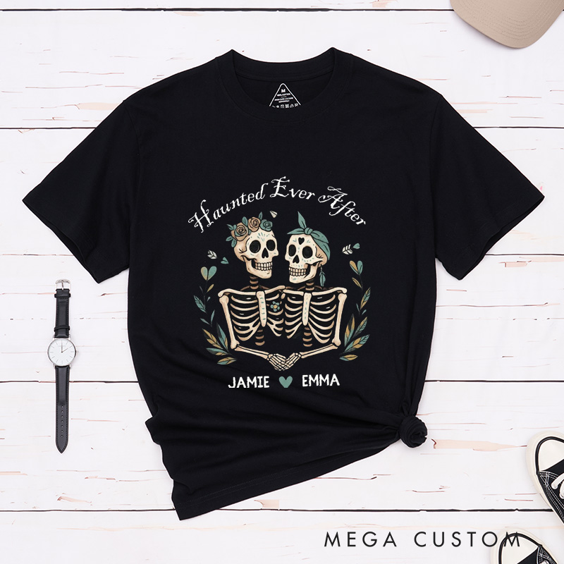 Personalized Gothic Skeleton Couple Matching Halloween T-Shirt Funny Haunted Ever After Shirt for Couple