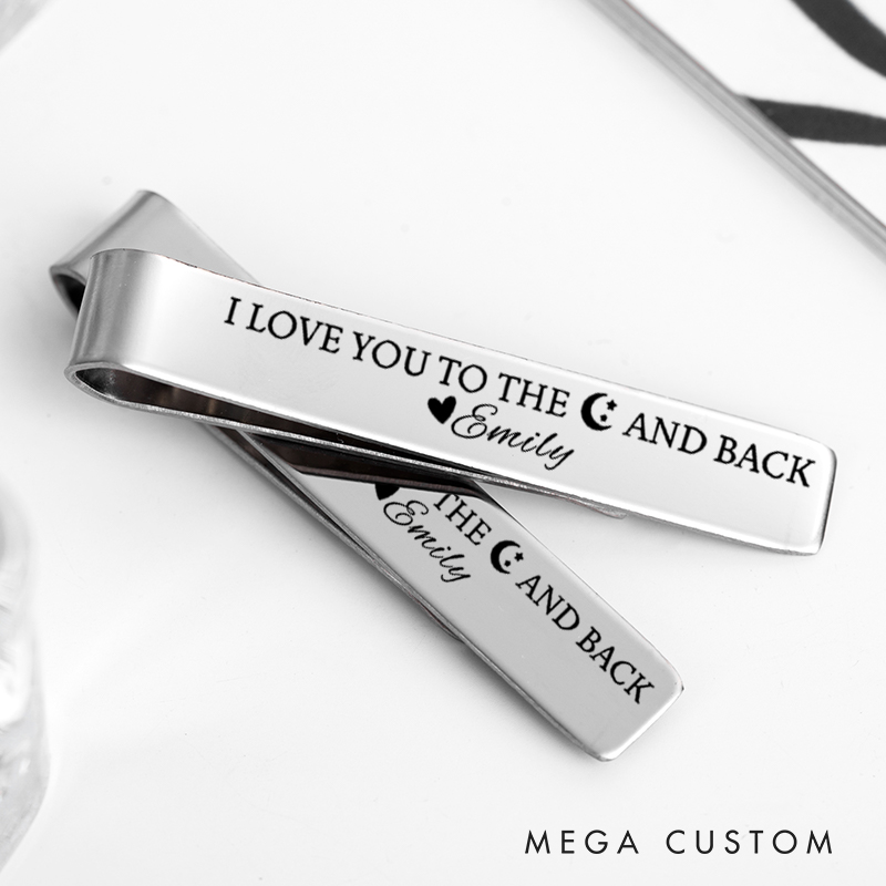 Personalized I Love You To The Moon And Back Engagement Wedding Tie Clip Silver Tie Bar