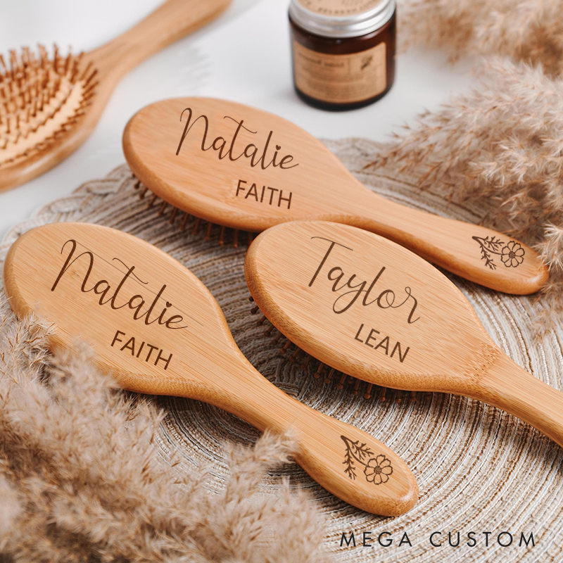 Personalized FLower Girl Birth Flowers Wood Airbag Hair Brushes