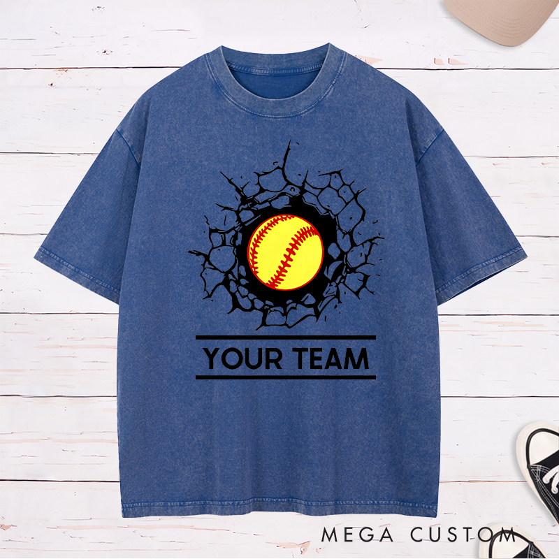 Personalized Softball Team Washed T-Shirt Design Featuring Customizable Team Name Bold Softball Graphic and Dynamic Cracked Wall Effect