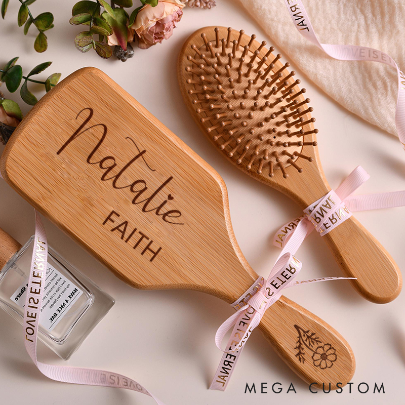Personalized FLower Girl Birth Flowers Wood Airbag Hair Brushes