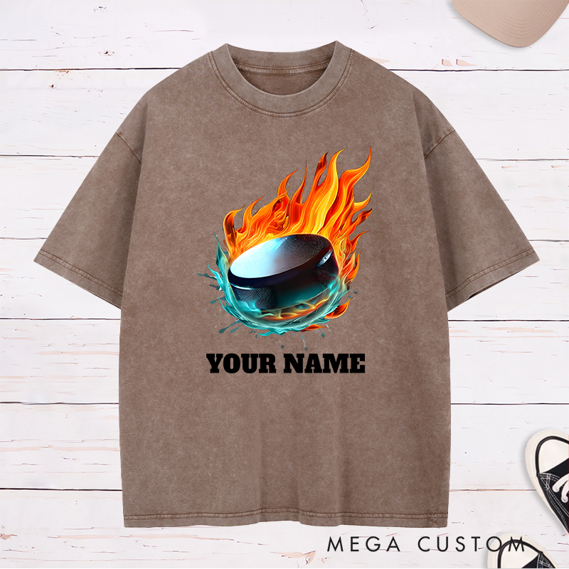 Personalized Flaming Hockey Puck Washed T-Shirt with Custom Name  