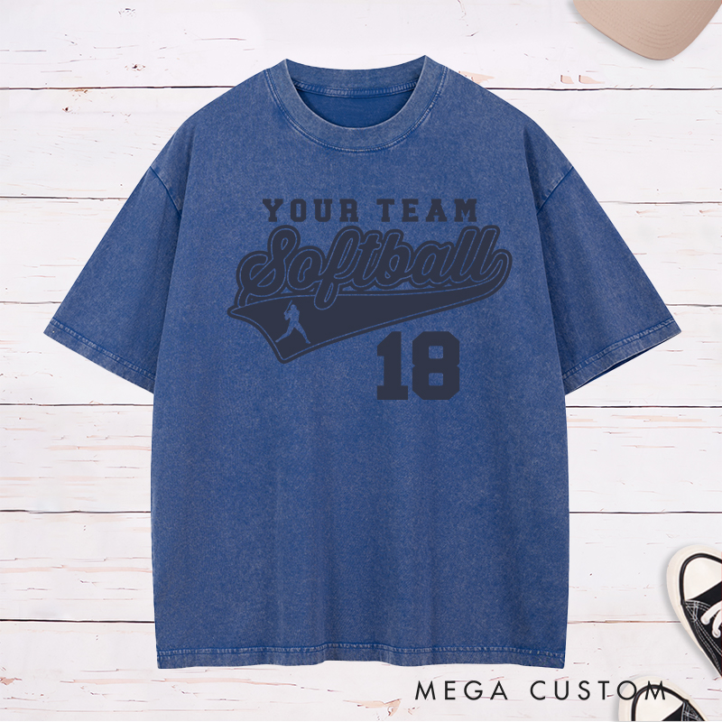 Personalized Softball Team Washed T-Shirt Design Featuring Customizable Team Name Bold Script Softball Text Dynamic Swoosh Element Player Silhouette and Custom Number