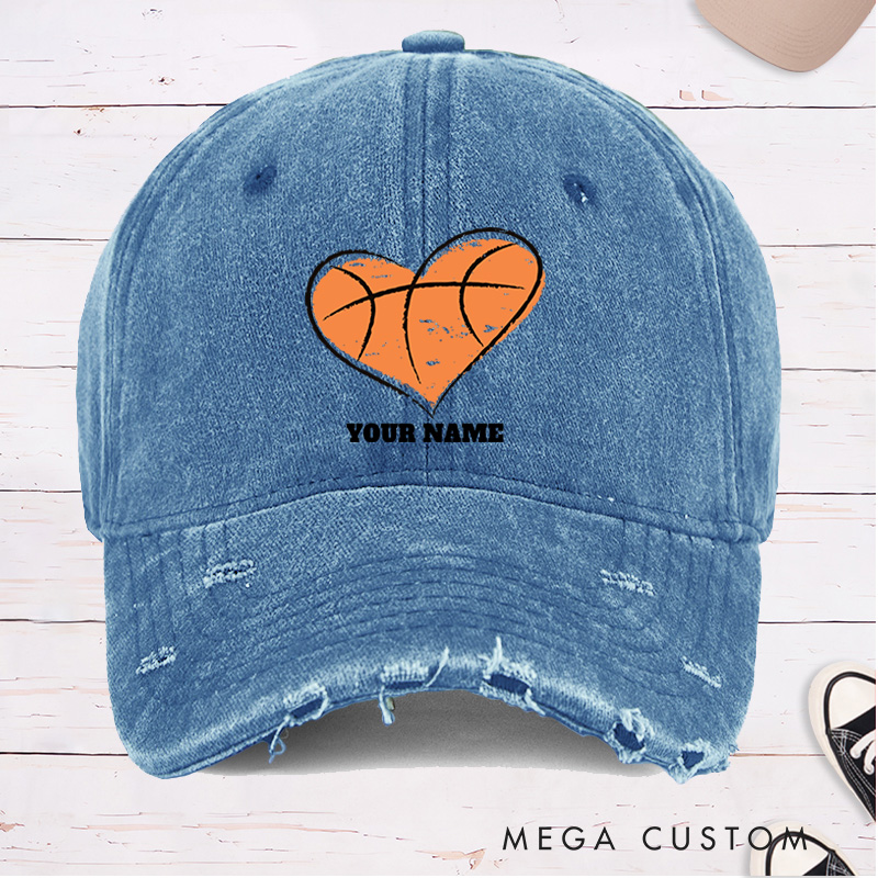 [Copy]Personalized Distressed Denim Basketball Cap with Vertical Team Name and Player Silhouette Design