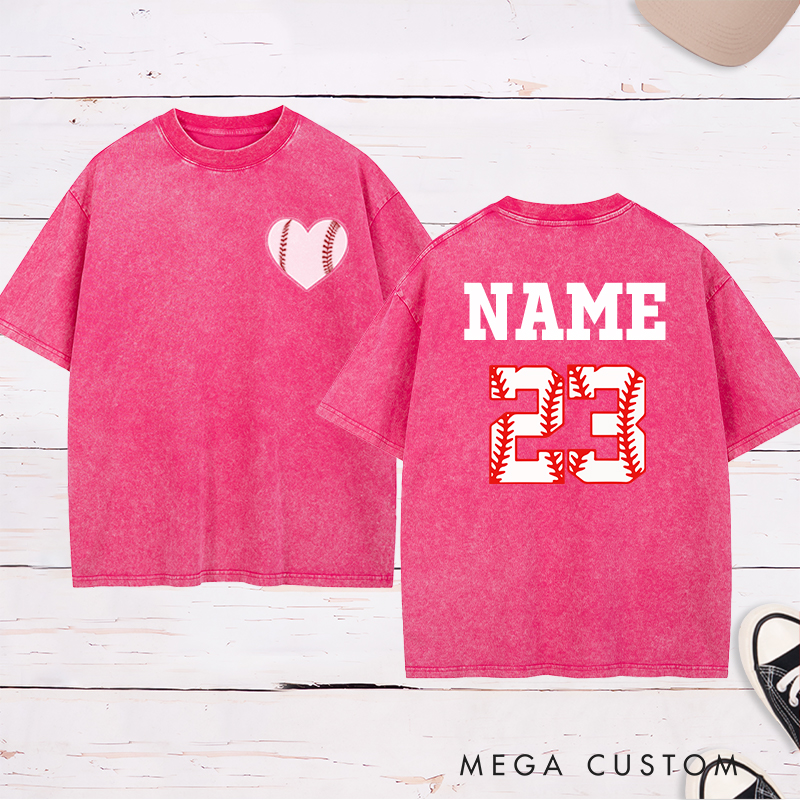 Personalized Baseball Heart Washed T-Shirt with Custom Name and Number 