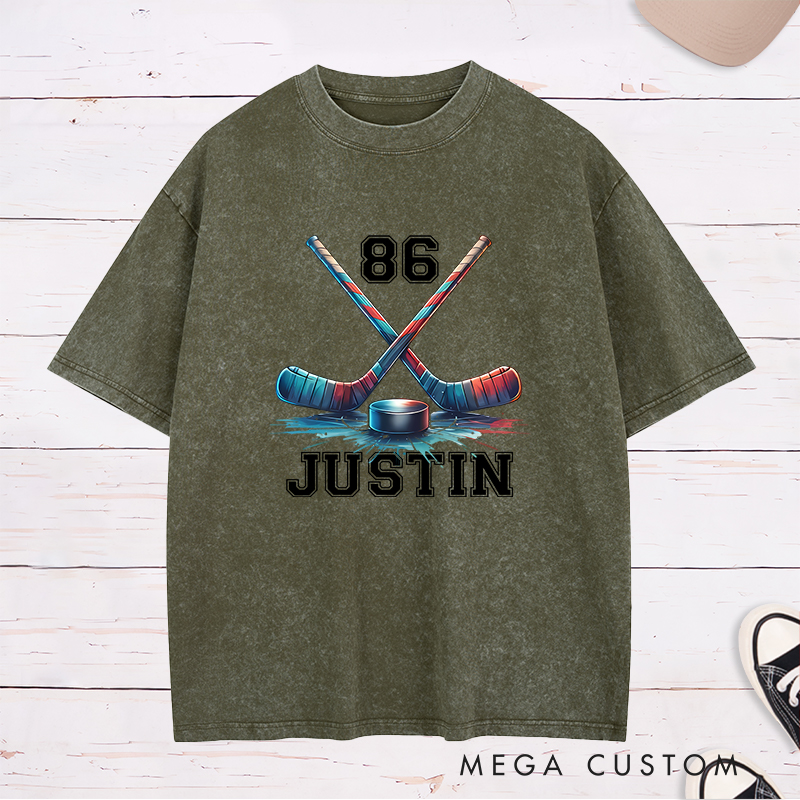 Personalized Ice Hockey Washed T-Shirt with Crossed Sticks and Custom Name  