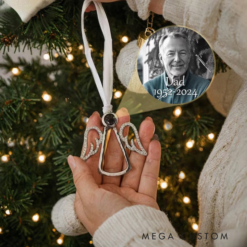 Personalized Angel Wings Photo Projection Ornament Custom Memorial Photo Projection Ornaments Family Remembrance Decoration Memorial Angel Keepsake