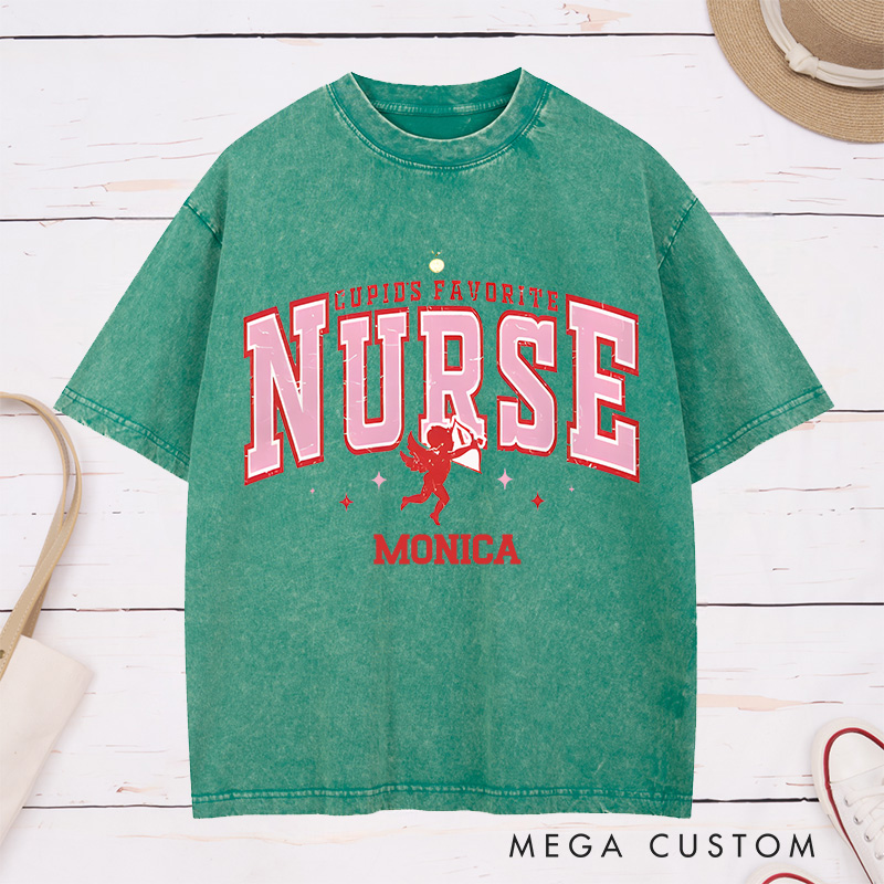 Personalized Nurse Washed T-Shirt Customized Cupid's Favorite Nurse Design Washed T-Shirt 