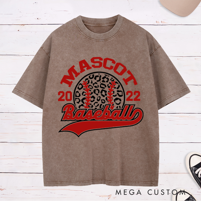 Personalized Team Baseball Washed T-Shirt Custom Name, Year and Trendy Leopard Design