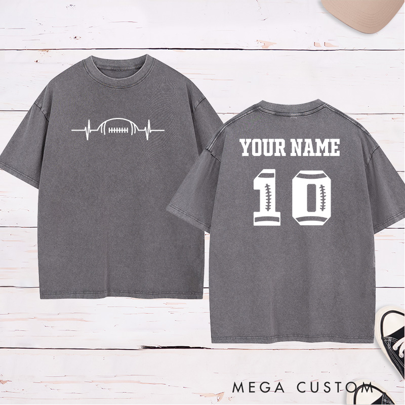 Personalized American Football and Rugby Heart Beat Washed T-Shirts Featuring Custom Name and Number
