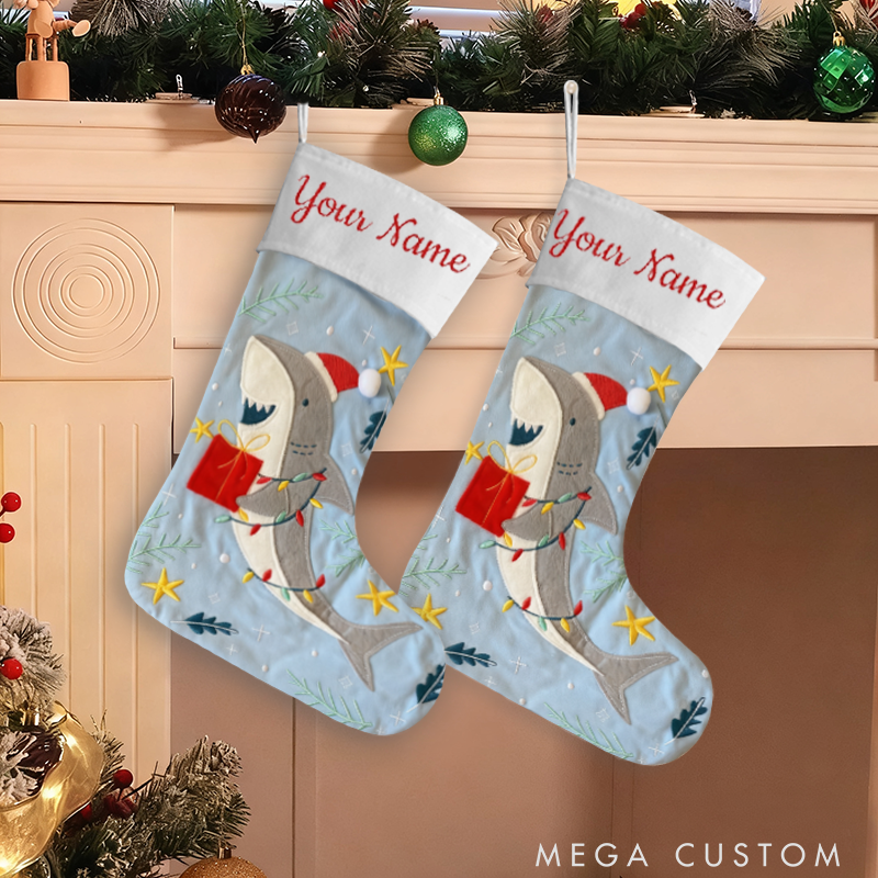Personalized Shark Christmas Stocking Fishing Themed Holiday Decor Funny Gift for Fishing Enthusiasts and Ocean Lovers