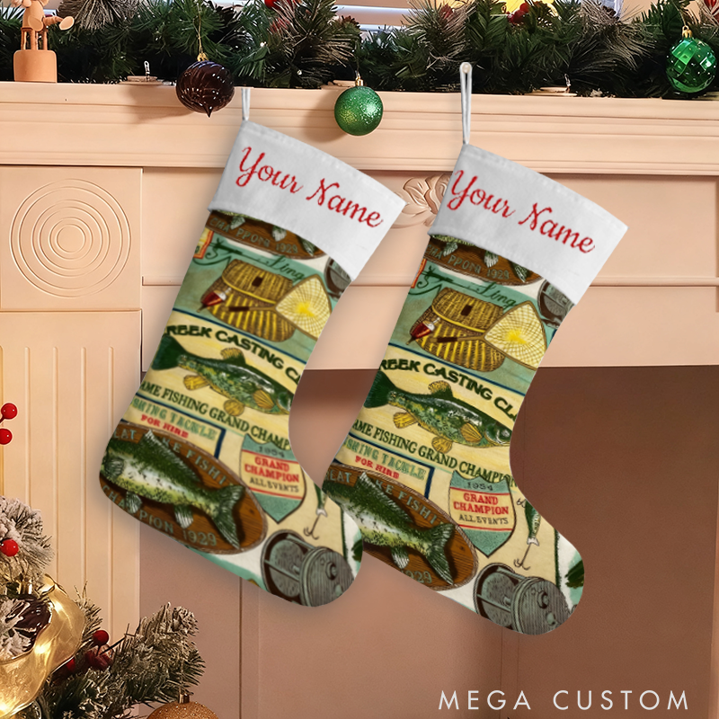 Personalized Fishing Christmas Stocking Fisherman Christmas stocking Holiday Decor with Vintage Fishing Design Perfect Gift for Fishing Enthusiasts