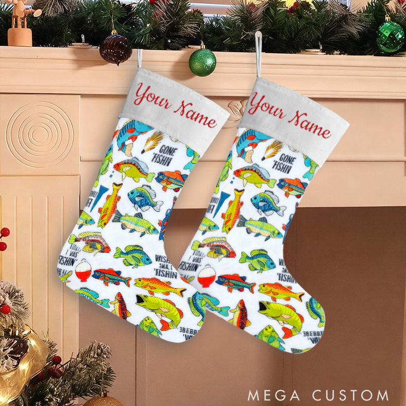 Personalized Fishing Christmas Stocking Wishing I was fishin Christmas Stocking Holiday Decor with Colorful Fish Design Perfect Gift for Fishing Lovers