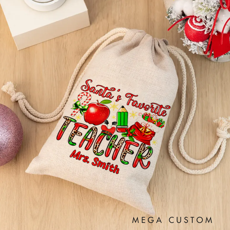 Personalised Christmas Santa Sack for Teachers Custom Santa's Favorite Teacher Apple Pencil Design Sack Christmas Gift