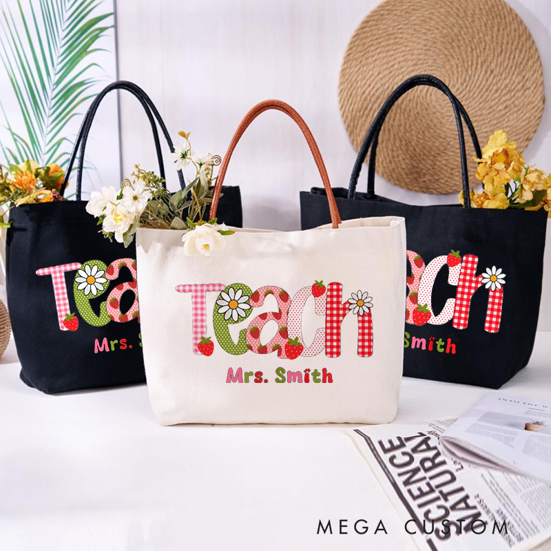 Personalized Teacher Canvas Tote Bag Flower Teach Design Appreciation Gift for Teachers