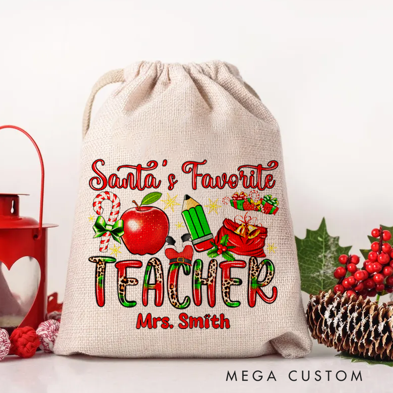 Personalised Christmas Santa Sack for Teachers Custom Santa's Favorite Teacher Apple Pencil Design Sack Christmas Gift
