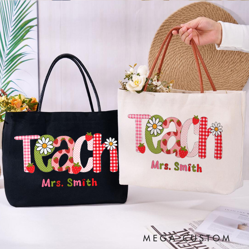 Personalized Teacher Canvas Tote Bag Flower Teach Design Appreciation Gift for Teachers