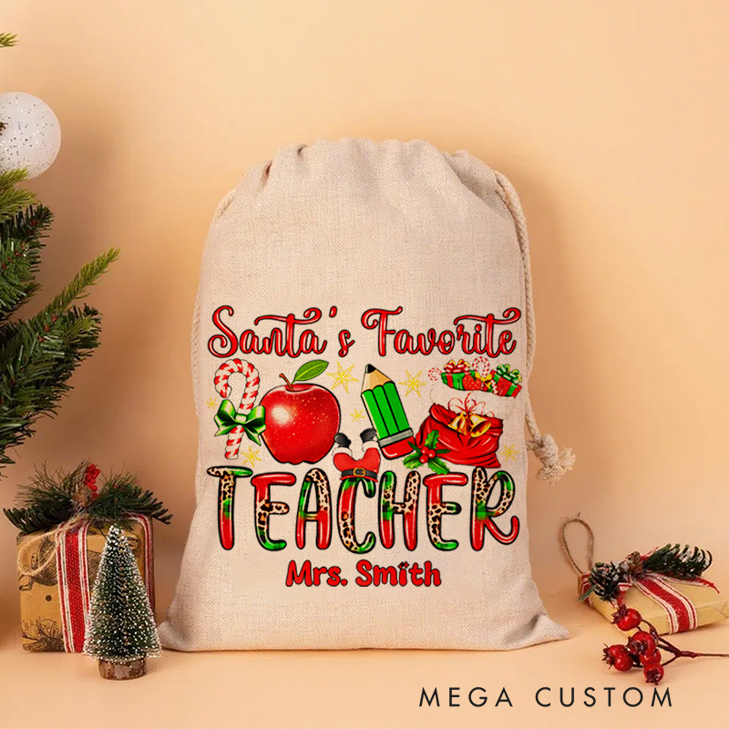 Personalised Christmas Santa Sack for Teachers Custom Santa's Favorite Teacher Apple Pencil Design Sack Christmas Gift