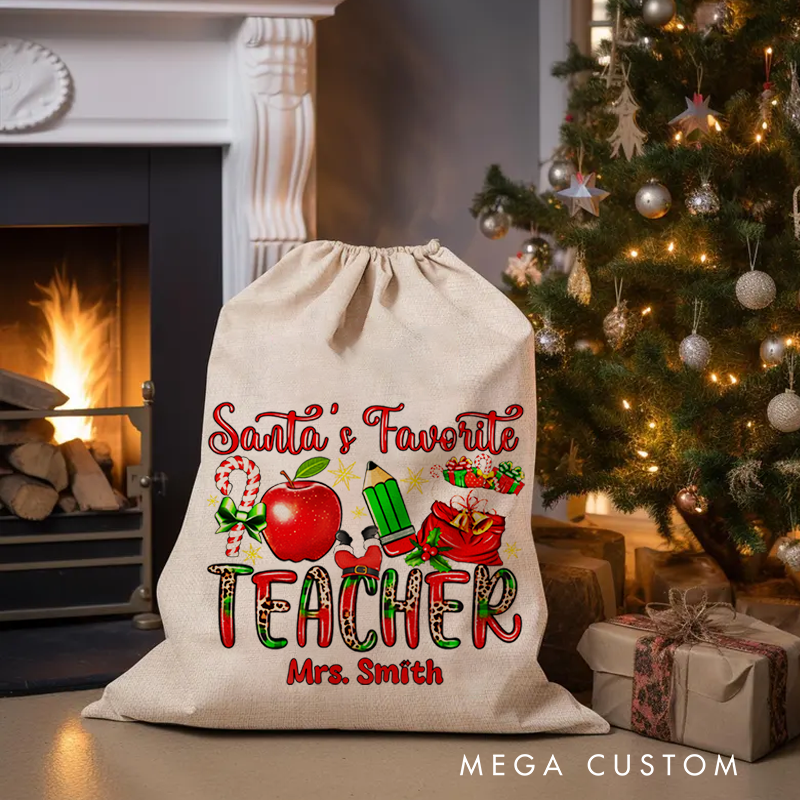 Personalised Christmas Santa Sack for Teachers Custom Santa's Favorite Teacher Apple Pencil Design Sack Christmas Gift