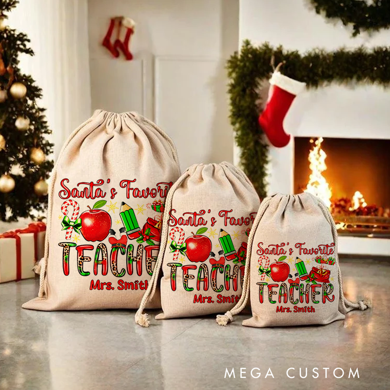 Personalised Christmas Santa Sack for Teachers Custom Santa's Favorite Teacher Apple Pencil Design Sack Christmas Gift