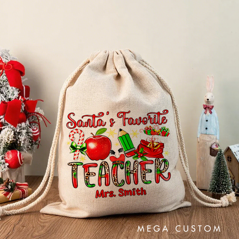 Personalised Christmas Santa Sack for Teachers Custom Santa's Favorite Teacher Apple Pencil Design Sack Christmas Gift