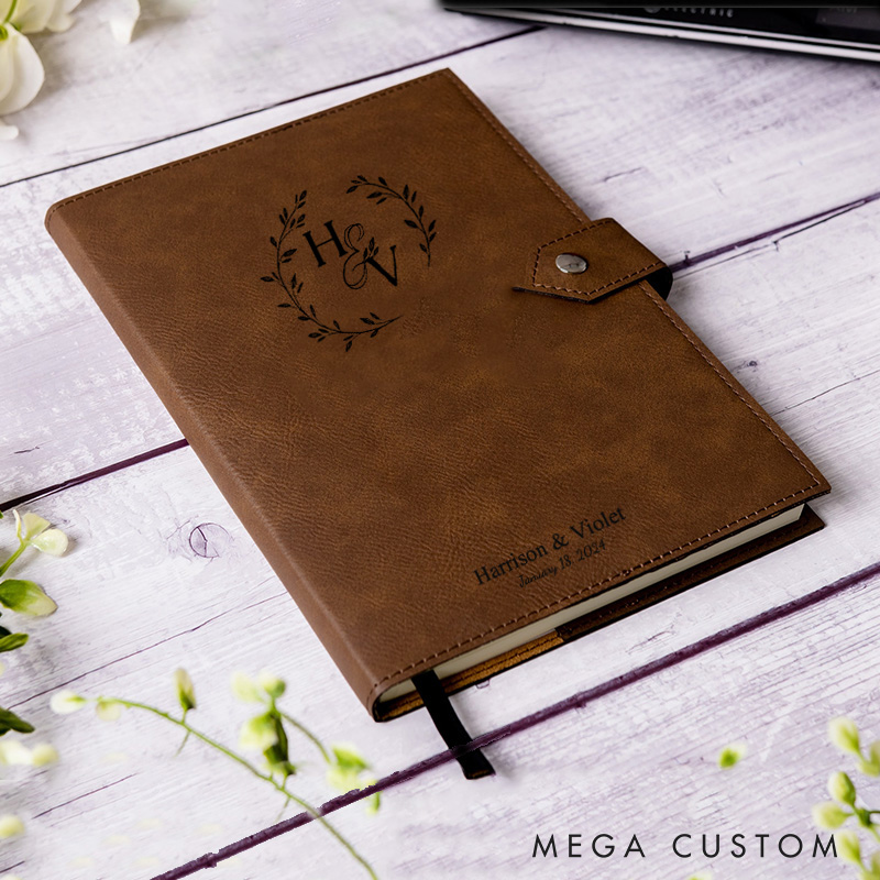 Personalized Laurel Branches with Initials and Date Wedding Couple Leather Journal with Snap Closure