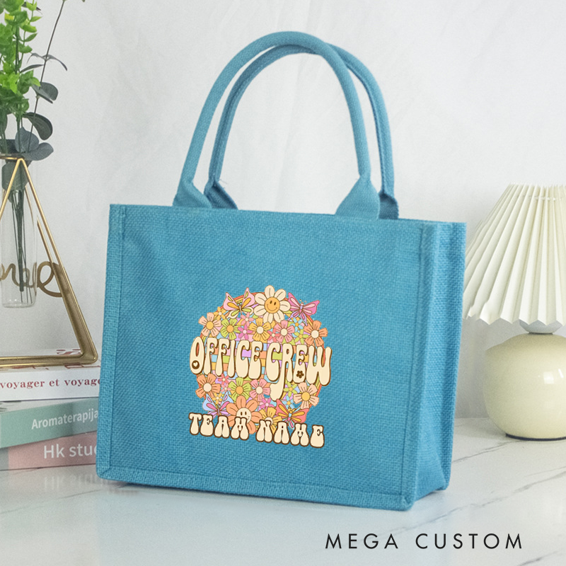 Personalized Office Crew Burlap Tote Bag with Floral Design Perfect Gift for Coworkers or Employees