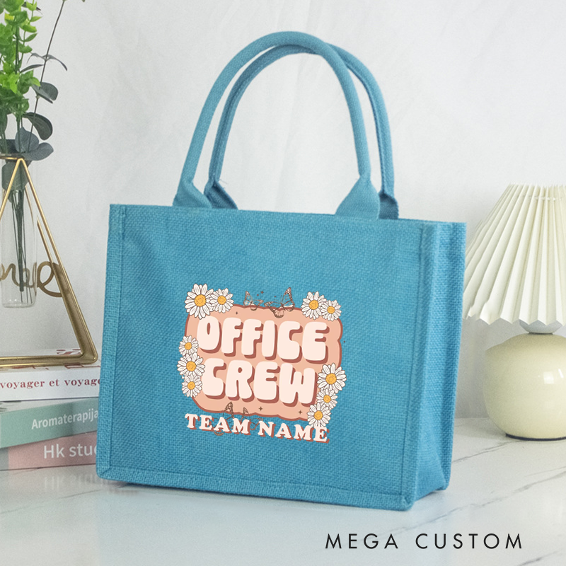 Personalized Office Crew Burlap Tote Bag with Daisy Floral Design Perfect Gift for Coworkers or Friends