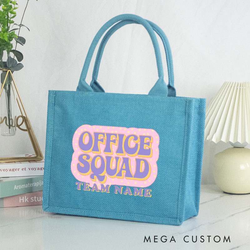Personalized Office Squad Burlap Tote Bag with Pastel Bubble Letter Design Perfect Gift for Coworkers or Friends