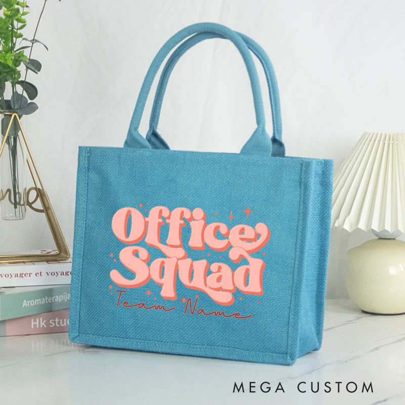 Personalized Office Squad Burlap Tote Bag with Retro Font and Star Accents Perfect Gift for Coworkers or Friends