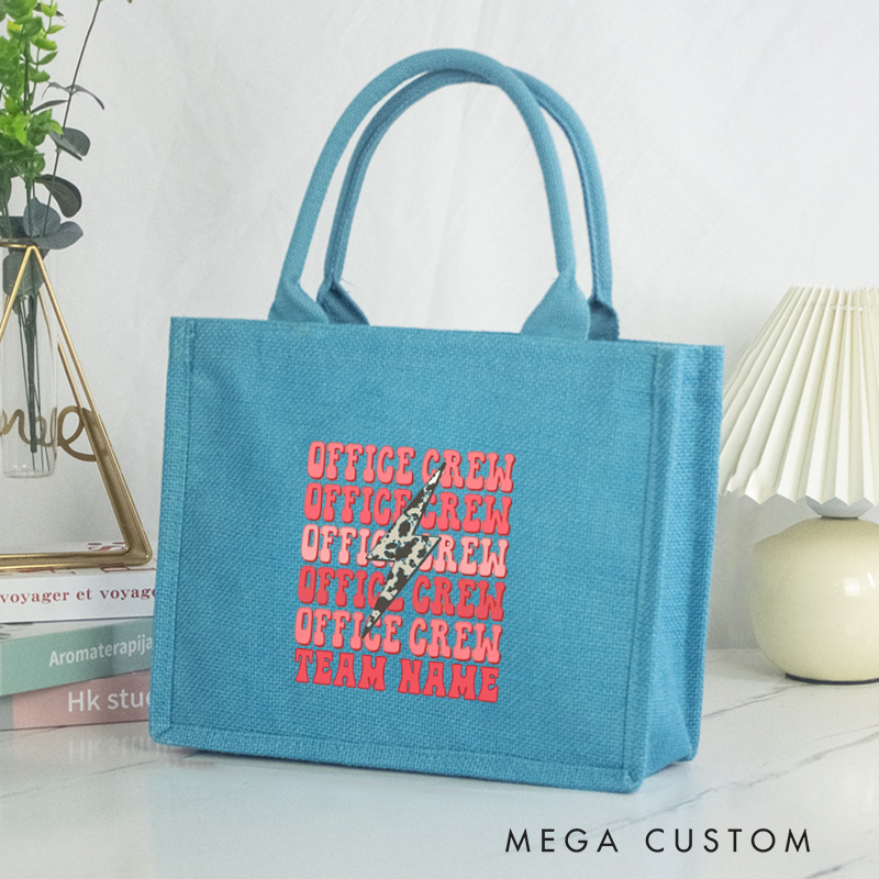 Personalized Office Crew Burlap Tote Bag with Repeated Text and Leopard Print Accent Perfect Gift for Coworkers or Friends