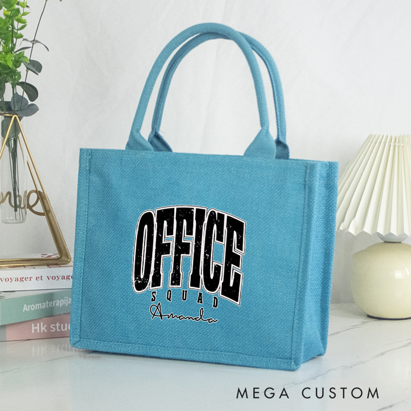Personalized Office Squad Burlap Tote Bag with Bold Black Text and Custom Name Perfect Gift for Coworkers or Friends
