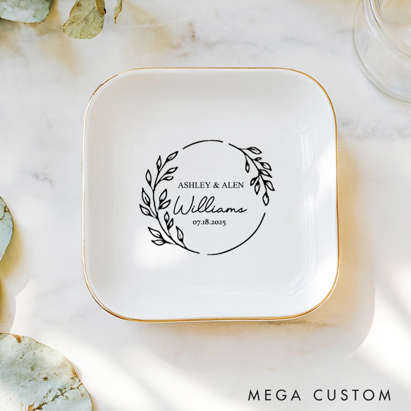Personalized Elegant Circular Laurel Monogram Wedding Engagement Gold-Trimmed Ring Dishes