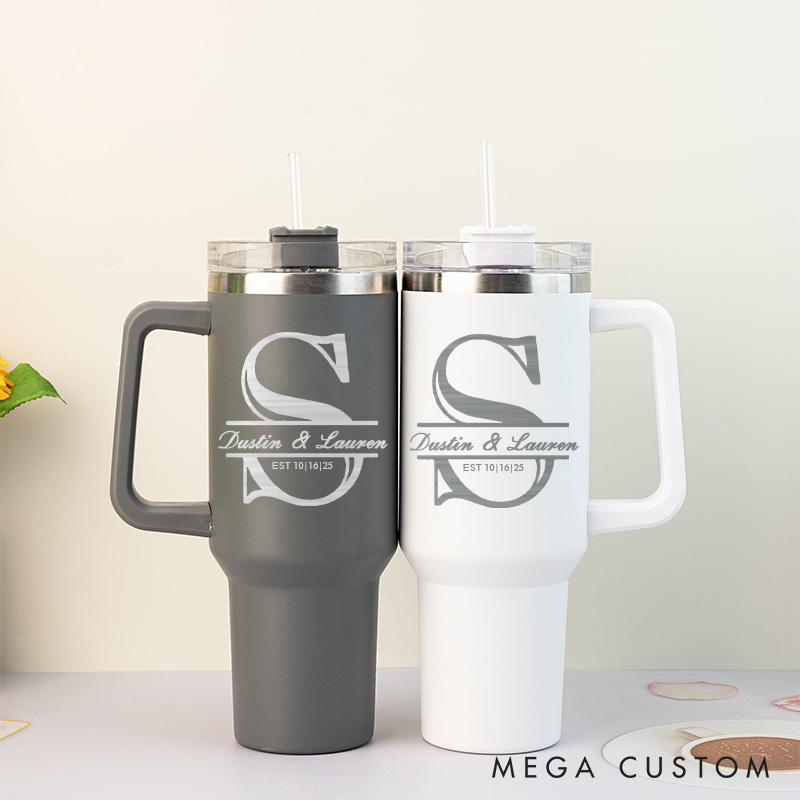 Personalized Couple Anniversary Gift Tumbler Mr. and Mrs. 40oz Tumbler Couple Travel Mug with Handle and Straw for Husband and Wife