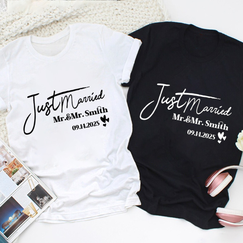 Personalized Elegant Just Married Mr and Mrs with Hearts Wedding Couple Classic T-Shirt