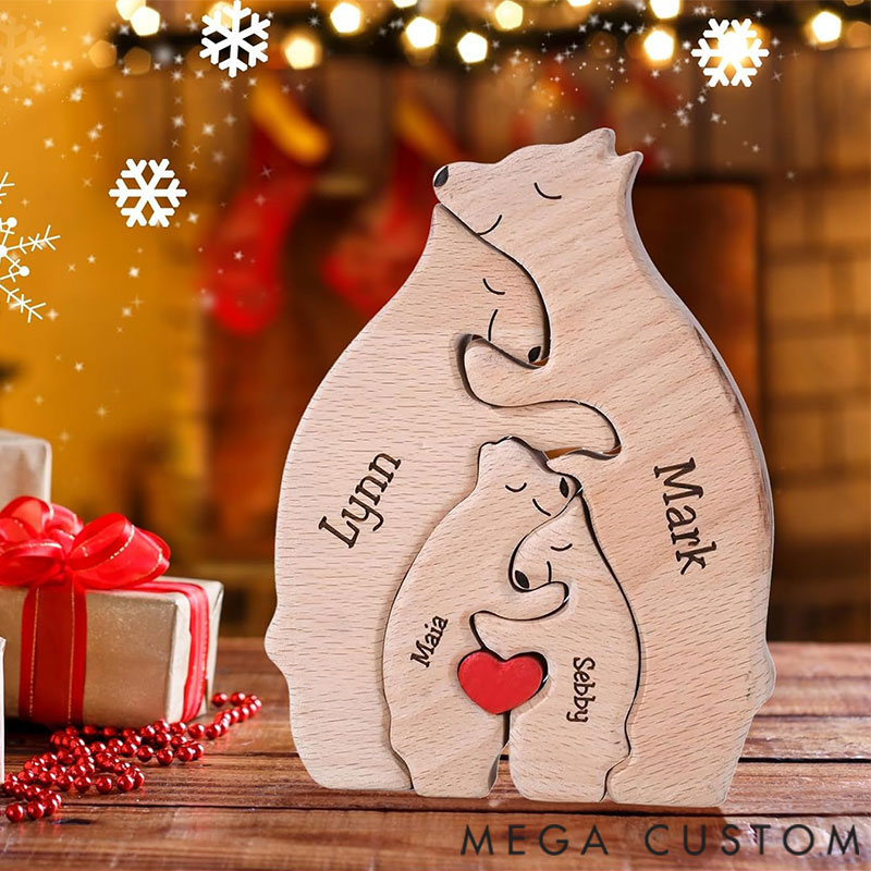 Personalized Carved Wooden Bear Family Jigsaw Puzzle, Wood Bear Figurines, Hugging Bear Family Keepsake Gift for Parents, Christmas Bear Decor
