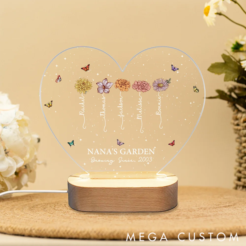 Personalized 1-12 Birth Flowers Heart-shaped LED Night Light with Wooden Base Home Decor Mother's Day Birthday Gift for Mom Grandma